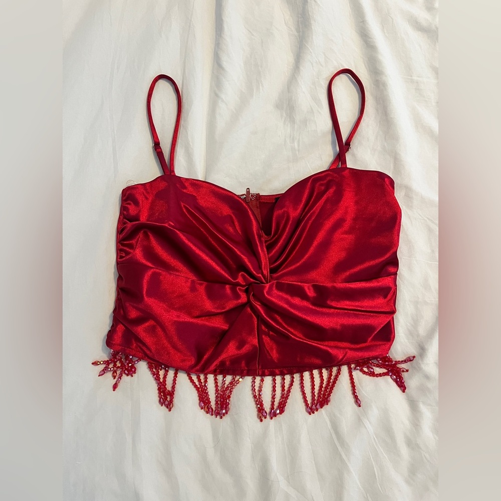 Windsor Red Satin Camisole with Beaded Fringe